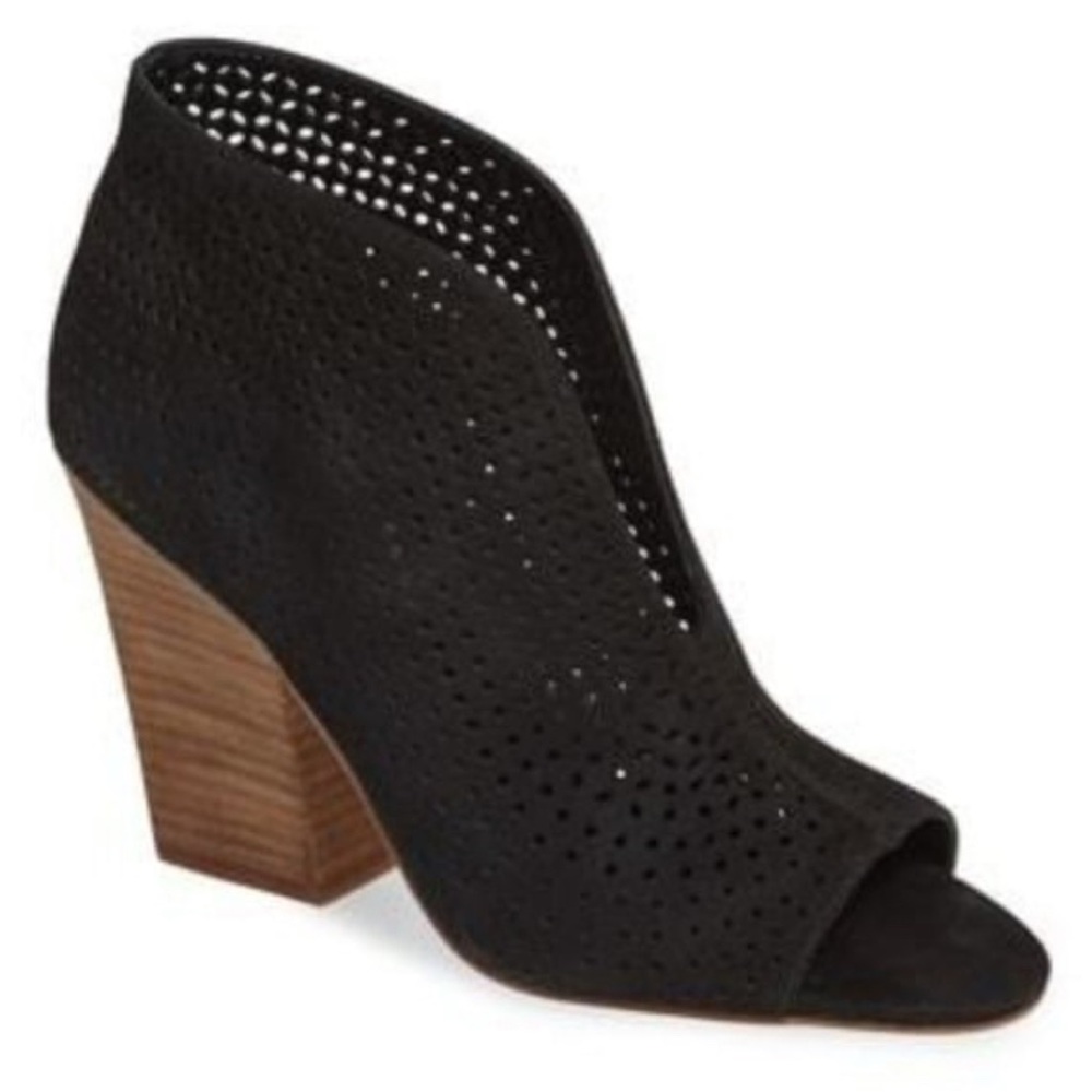 Vince Camuto Kainan Black Soft Tunbled Nubuck Open Toe Slip on Bootie